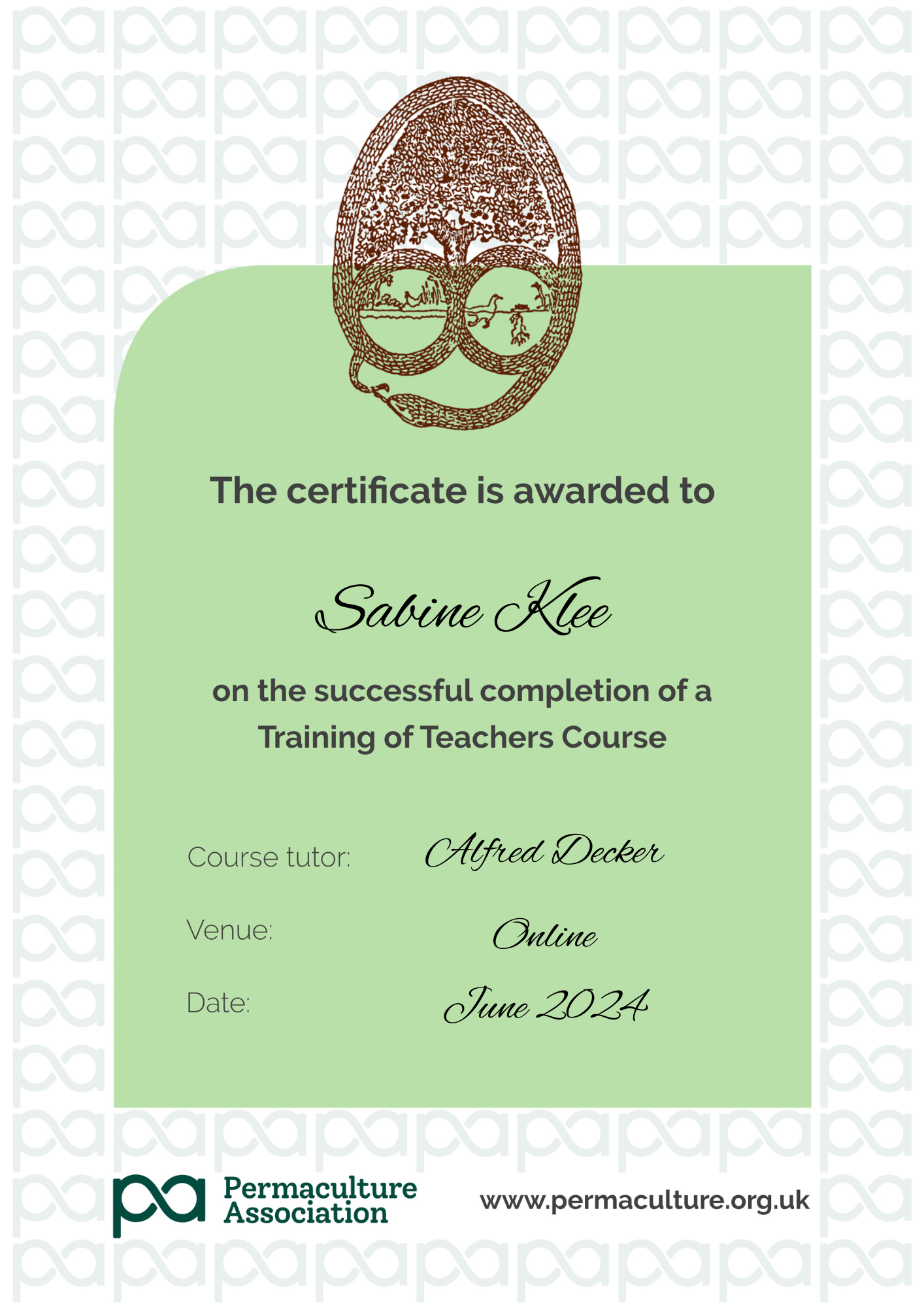 Sabine Teacher Training Certificate